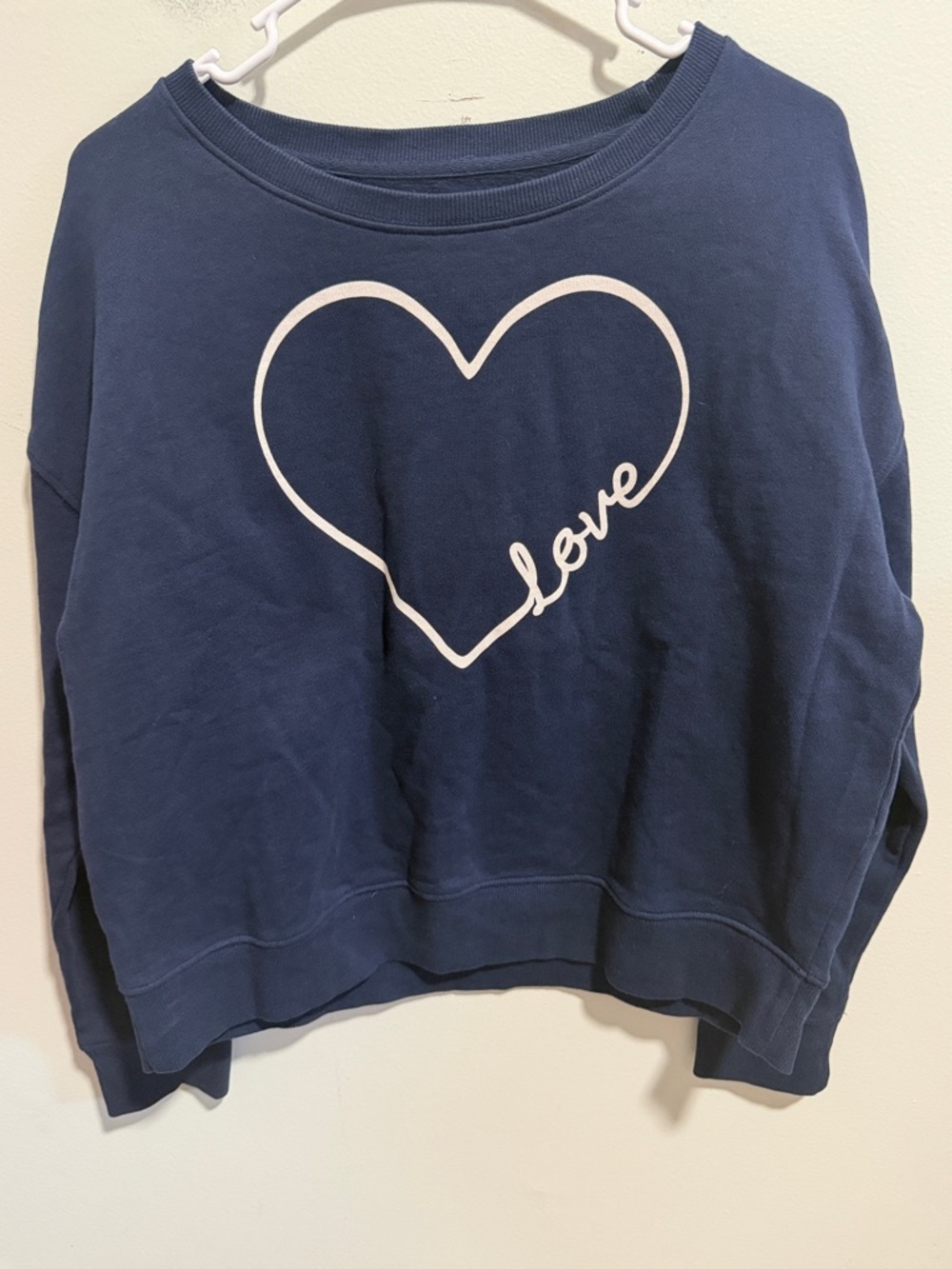 Organic Cotton! Pact Navy Blue Long Sleeve Sweatshirt White Heart "Love" Graphic